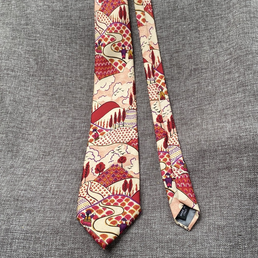 Vintage Ted Lapidus Andes Mountain Peru Chullo Landscape Silk Tie Wine Plum - Picture 3 of 13